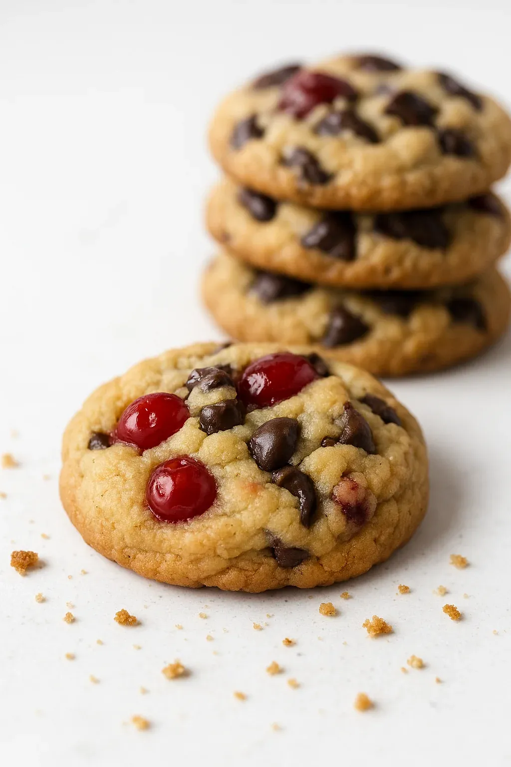 A stack of chocolate chip cookies with red berries on top.