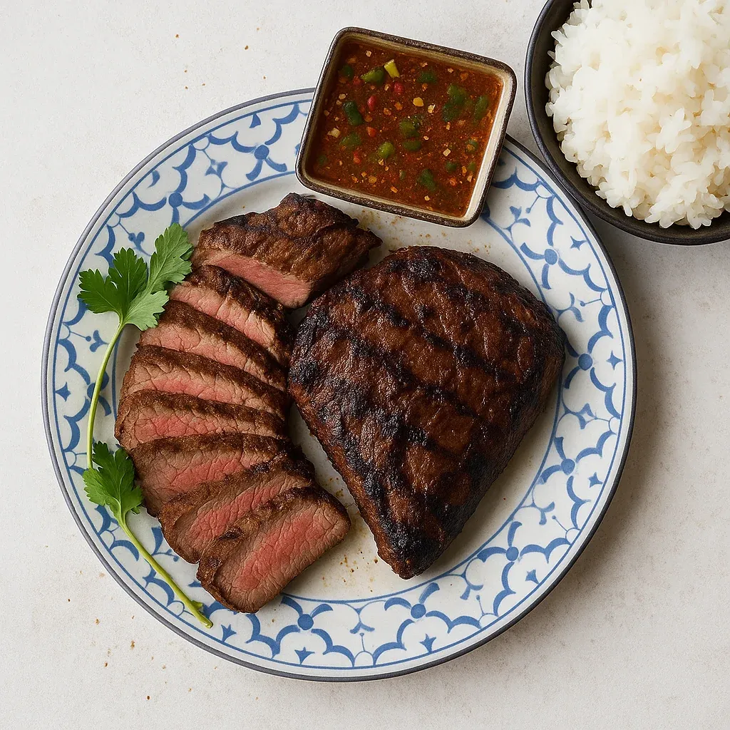 A plate of meat with a sauce on the side.