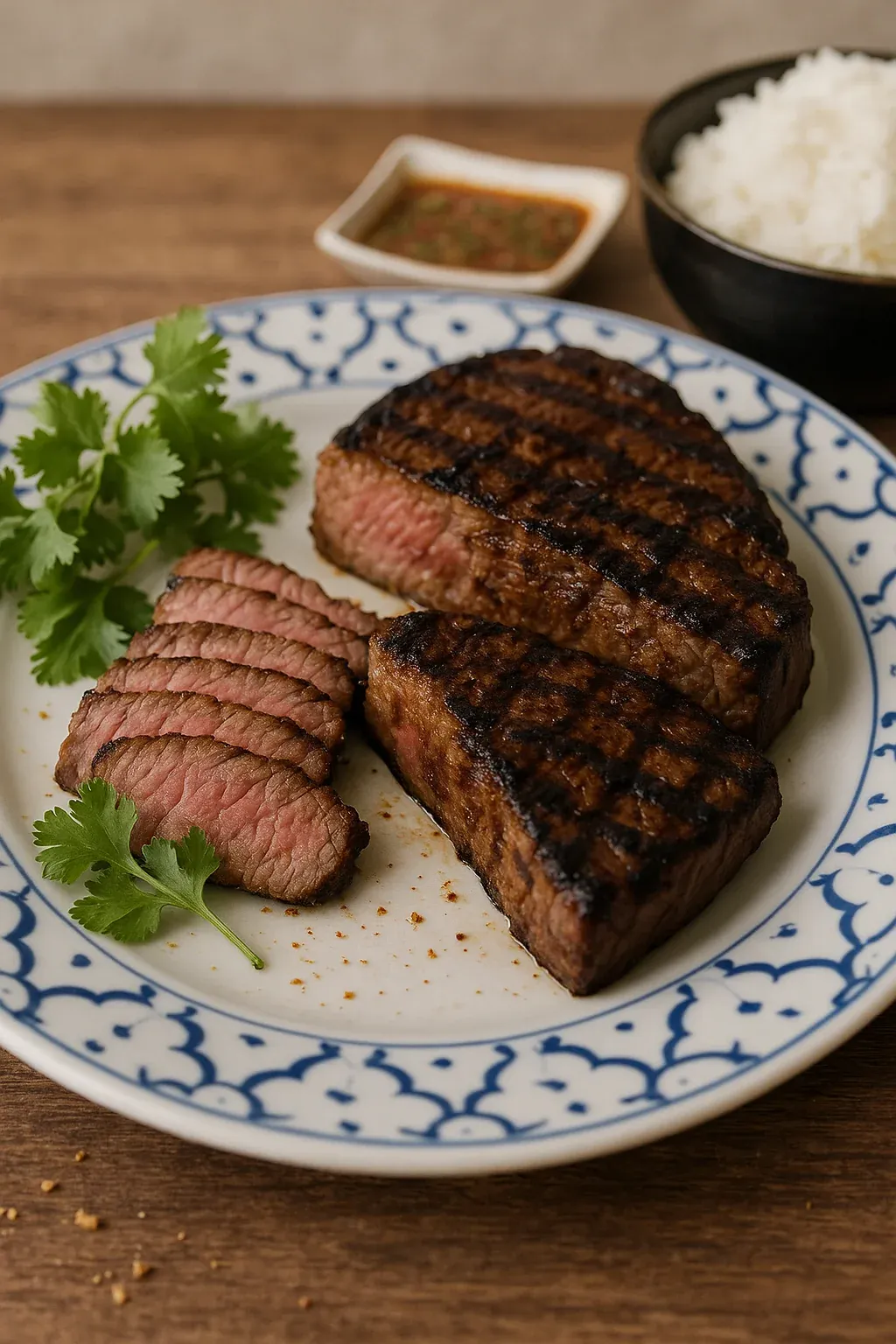 A plate of meat with a green garnish.