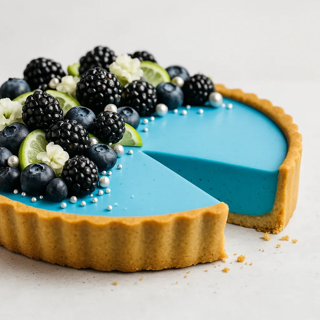 A slice of blueberry cheesecake with blueberries and limes on top.