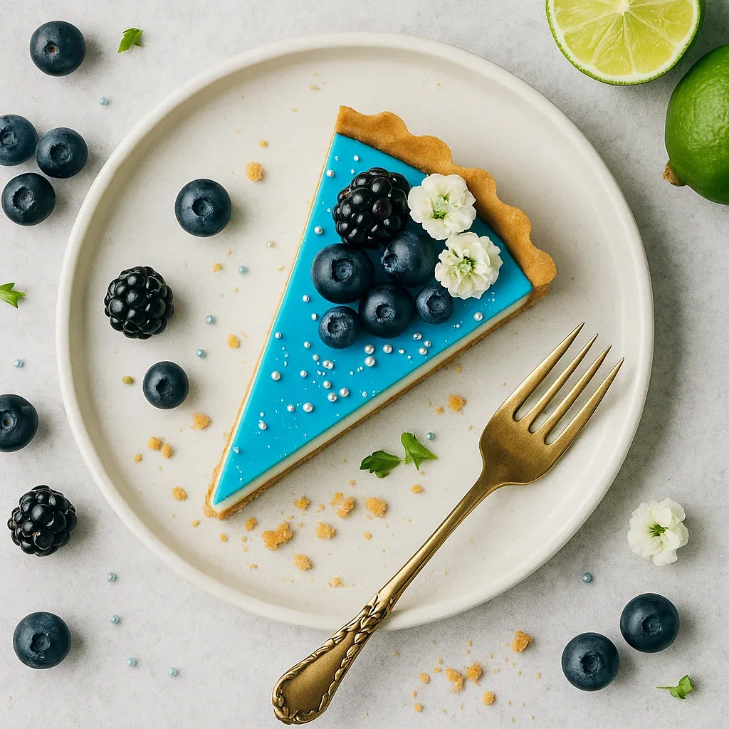 A slice of blueberry cheesecake with blueberries on top.