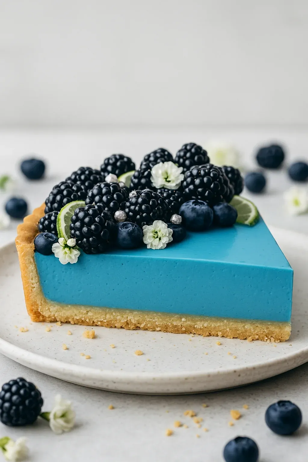 A slice of blueberry cheesecake with blueberries and limes on top.