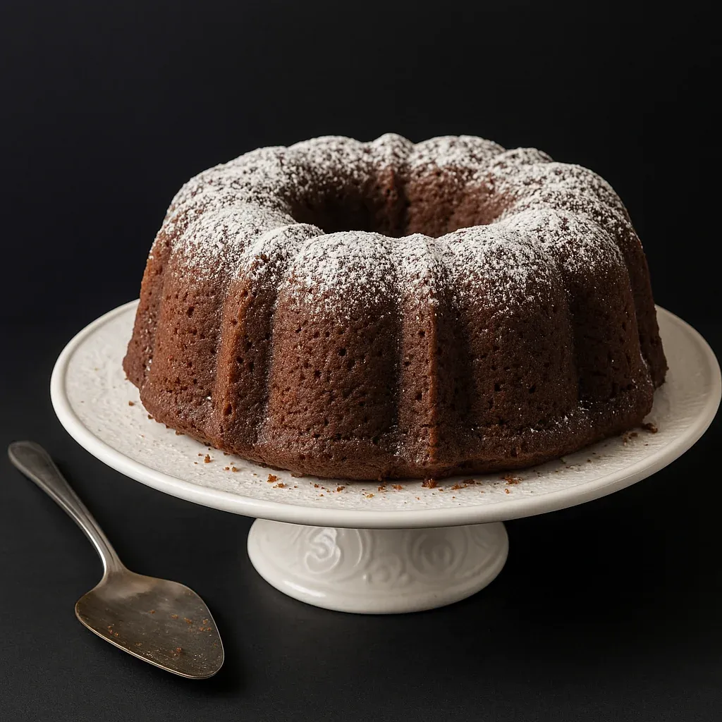 A cake with white icing and powdered sugar on a plate.