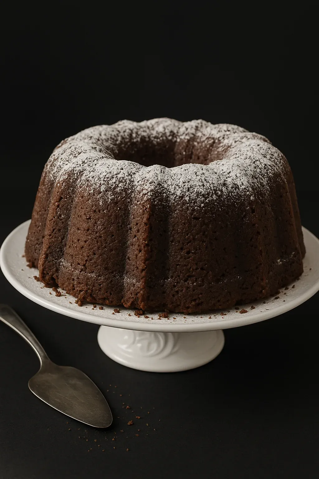 A chocolate cake with powdered sugar on top.