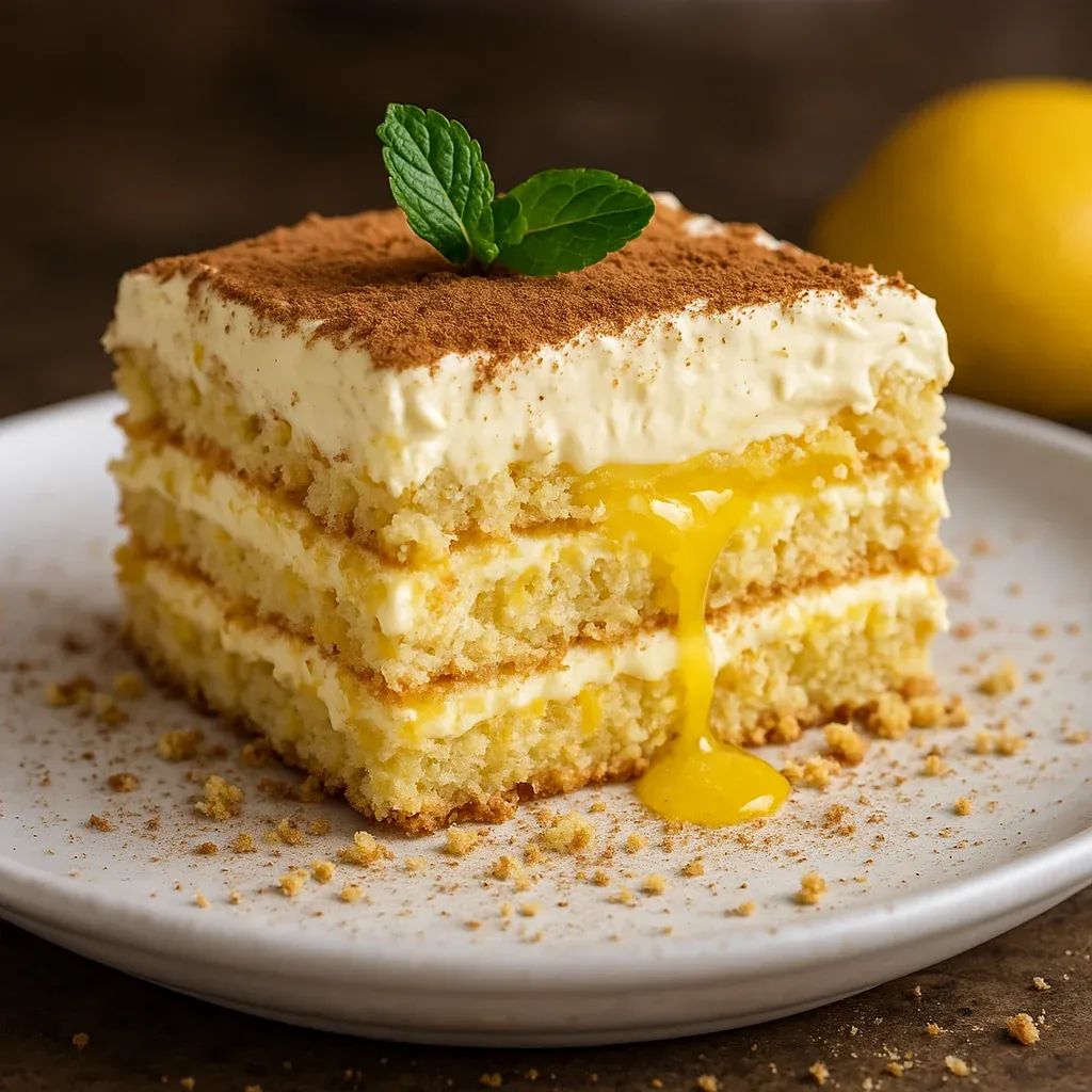 A slice of cake with a lemon wedge on top.
