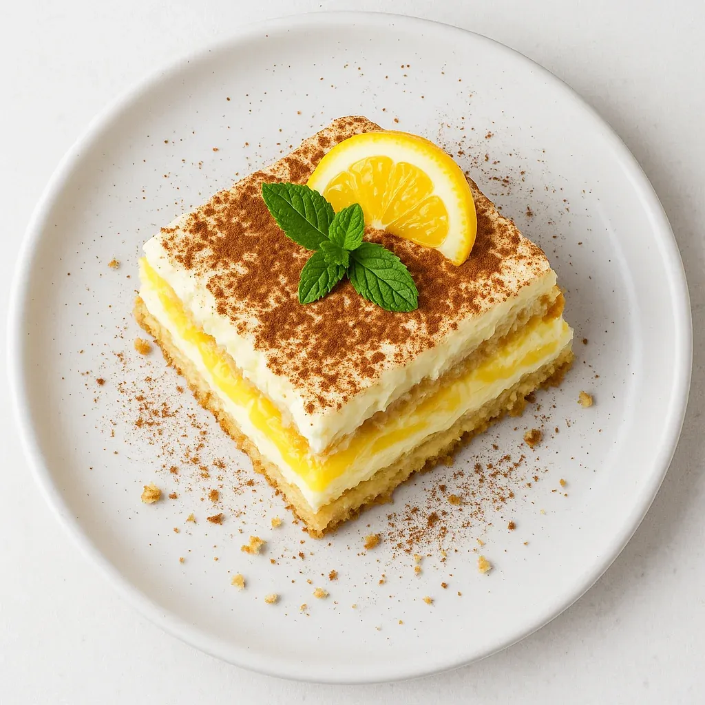 A slice of cake with mint and lemon on a white plate.