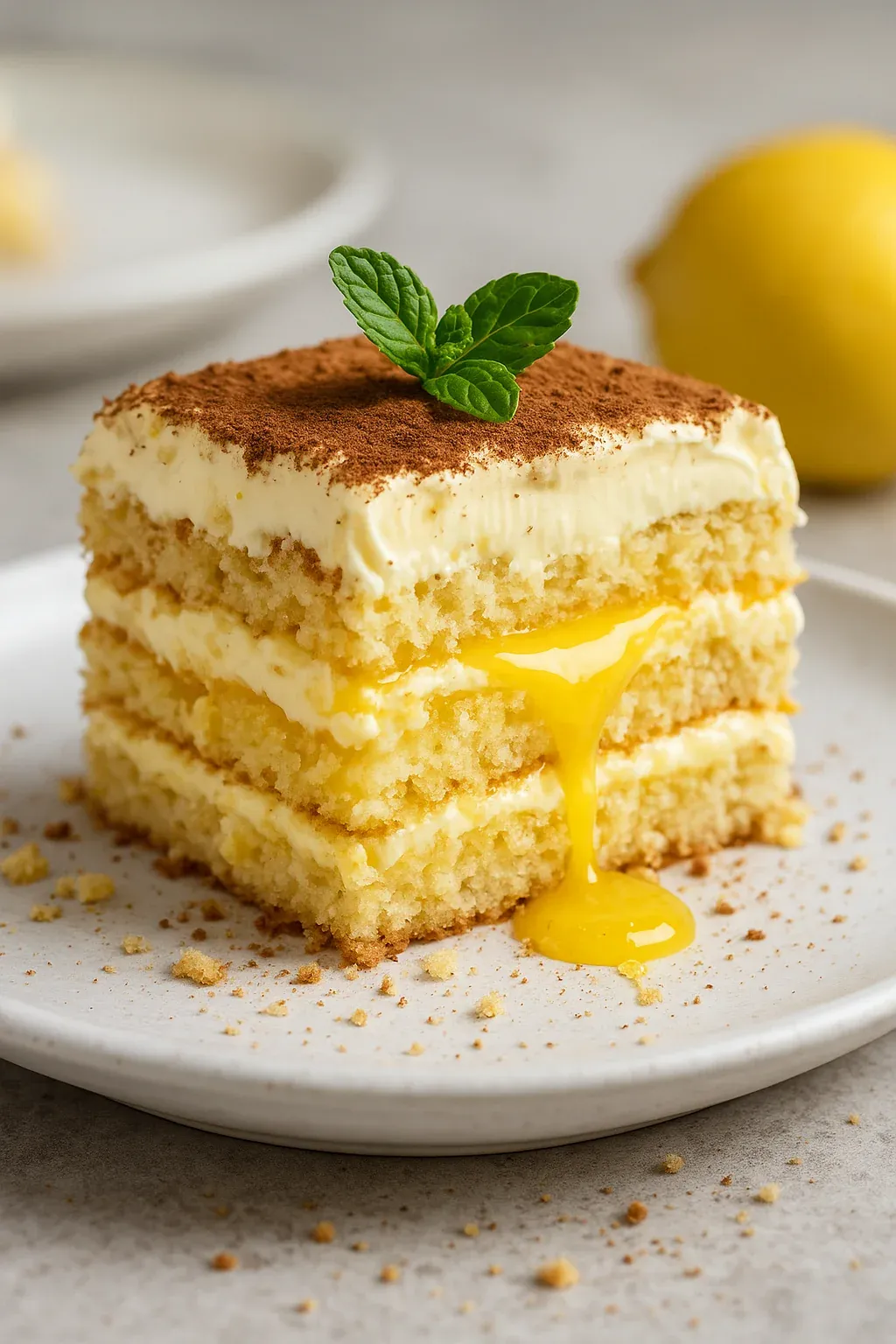 A slice of cake with a mint leaf on top.