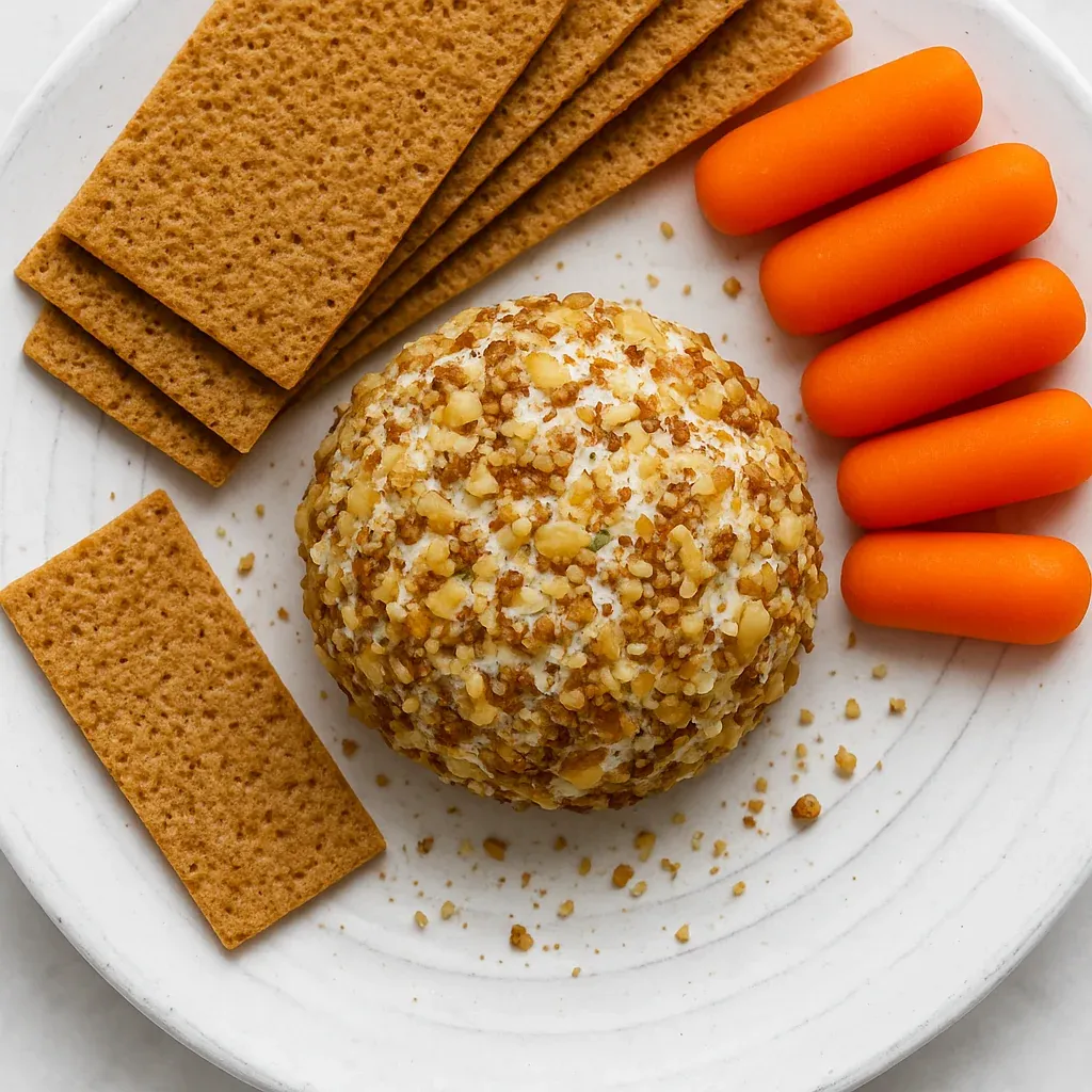A plate of food with crackers, carrots, and a nut ball.