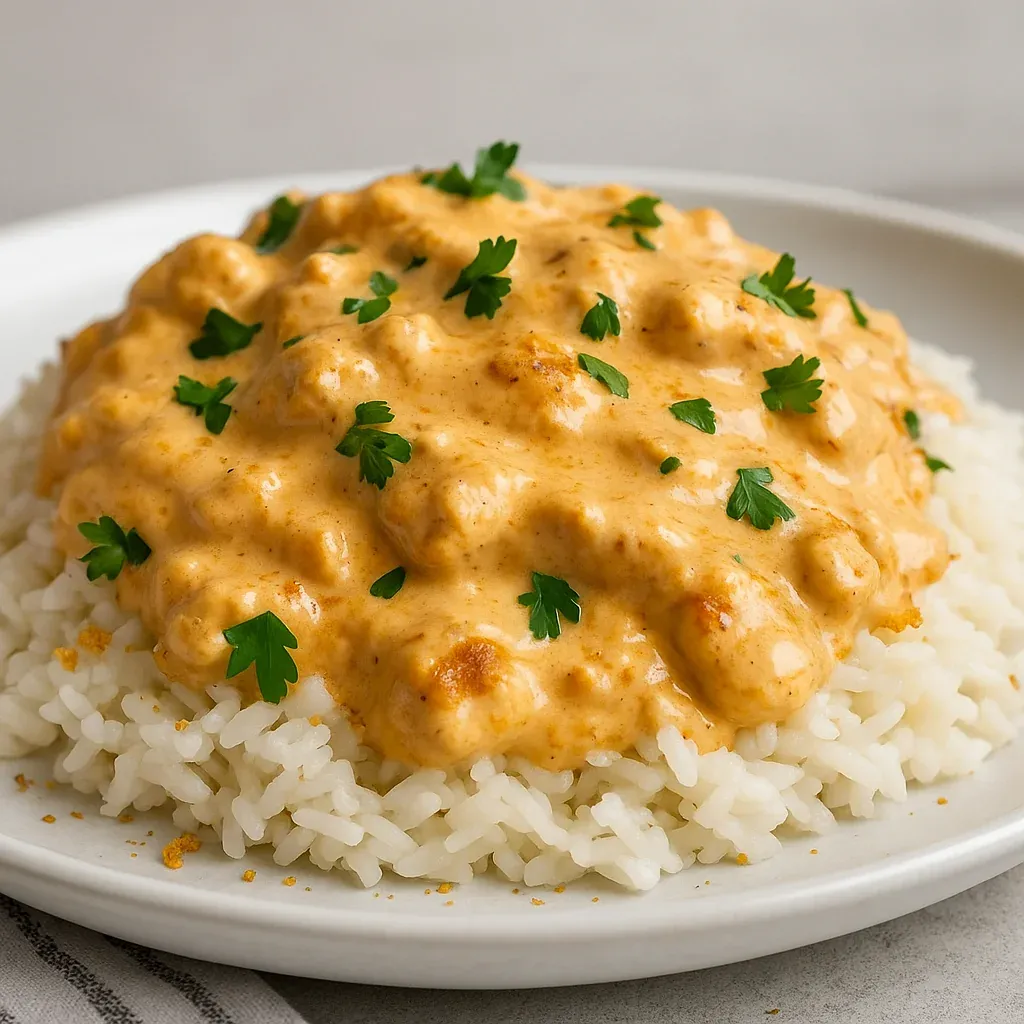 A plate of rice with a creamy sauce.