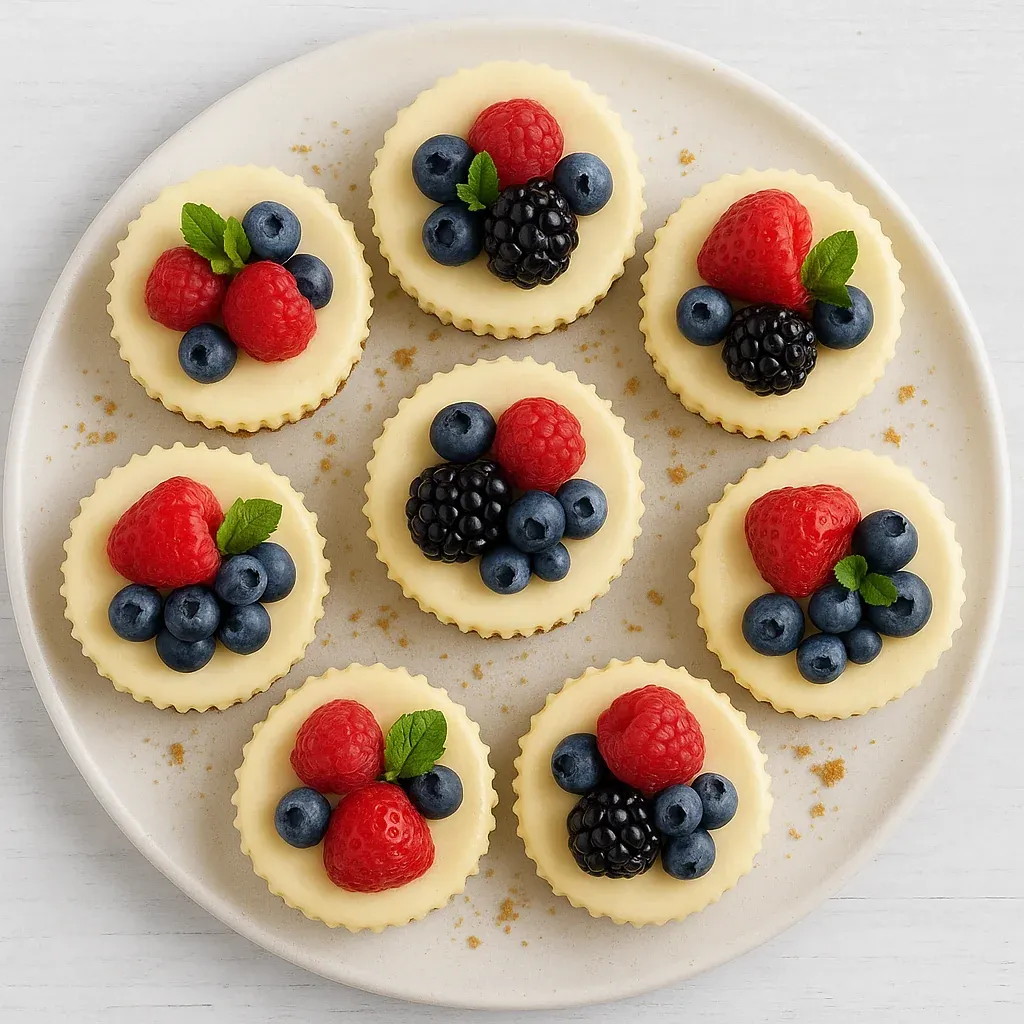 A plate of desserts with berries and blueberries.