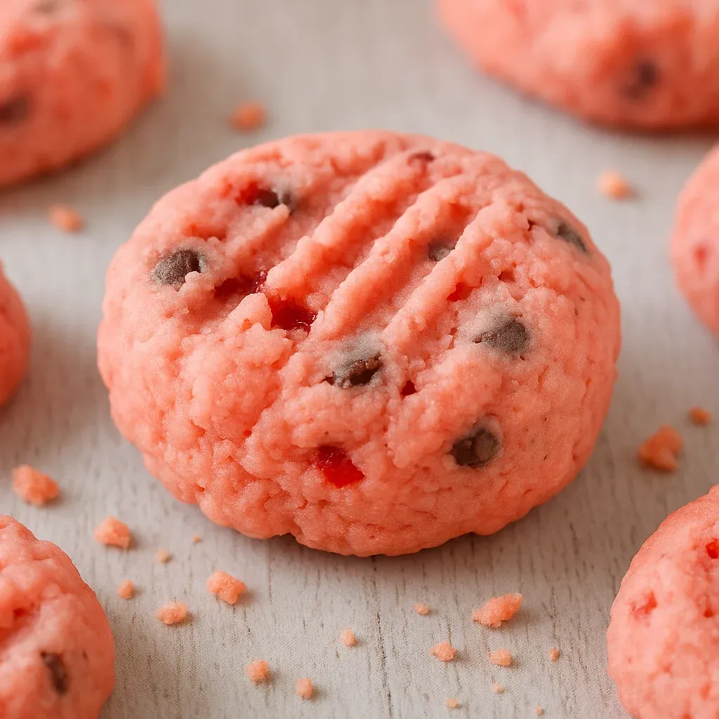 Pink cookies with chocolate chips.