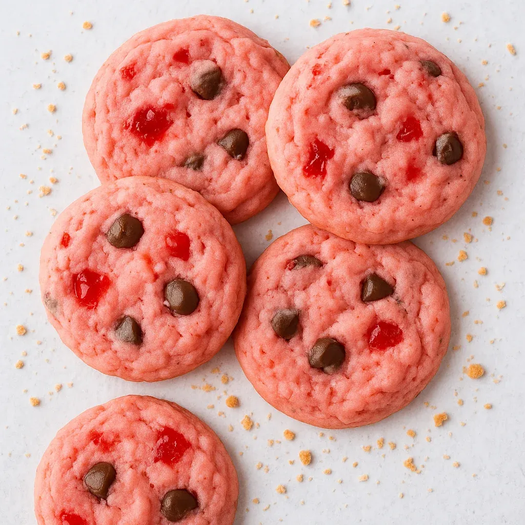 A plate of red velvet cookies with chocolate chips.