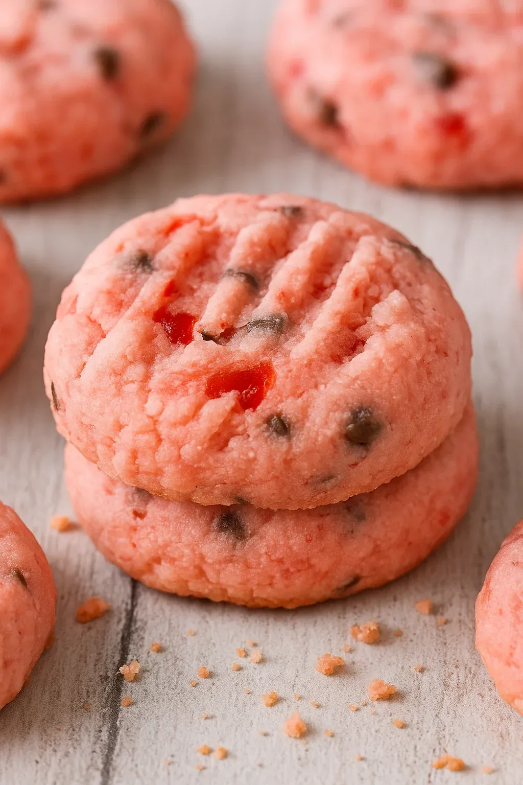 A pink cookie with chocolate chips.