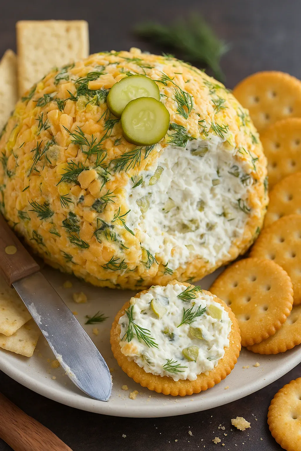 A plate of food with a cucumber on top.