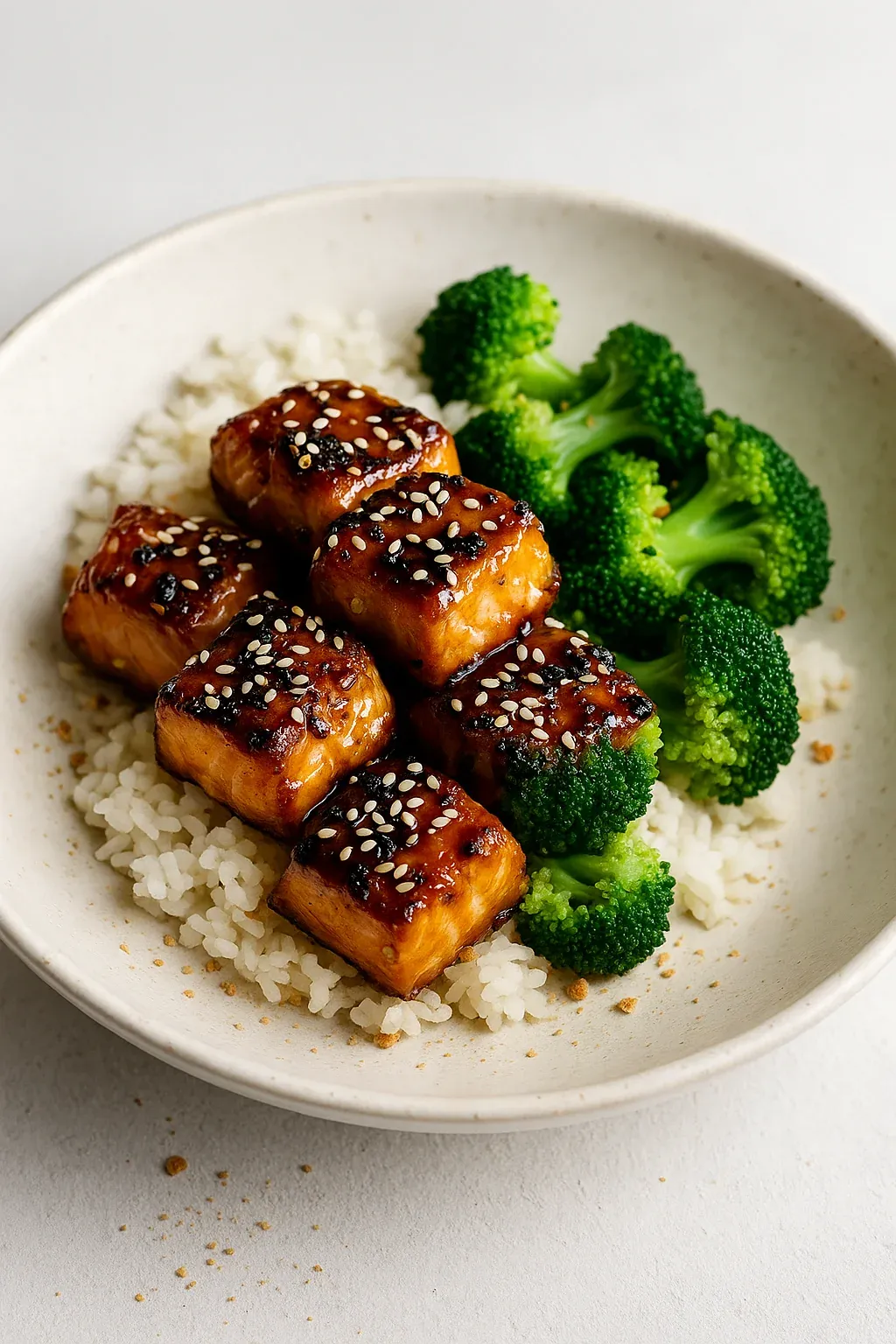 A plate of food with rice and broccoli.