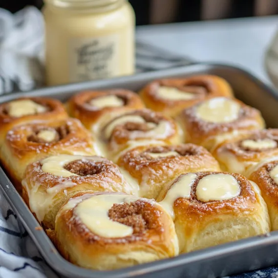 A pan of cinnamon rolls.