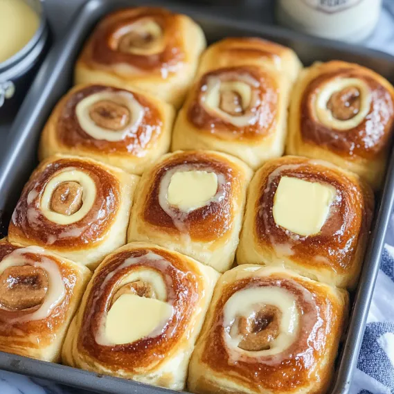 A pan of rolls with butter on top.