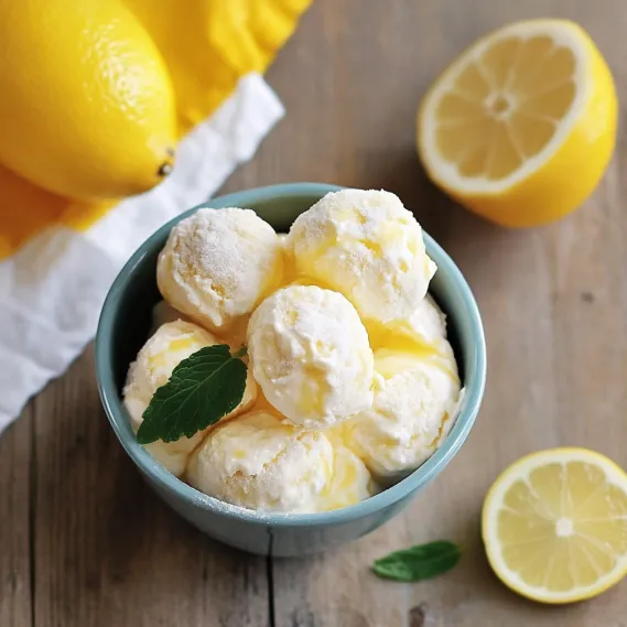 A bowl of lemon sorbet with a lemon wedge on the side.