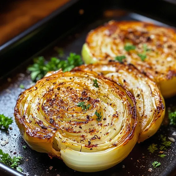 Two onions on a black tray.