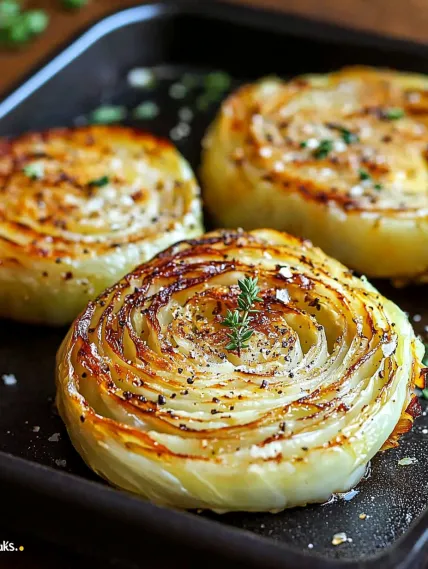 Two slices of roasted onion on a black plate.