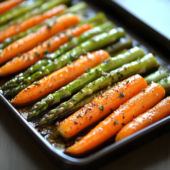 A pan of carrots and asparagus.