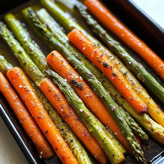 A pan of carrots and asparagus.