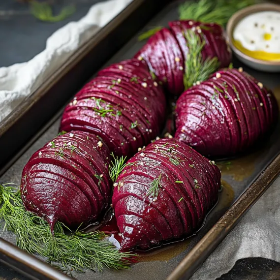 A tray of beets with herbs on top.