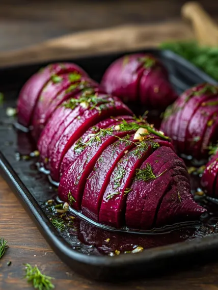 A pan of food with a purple vegetable in it.