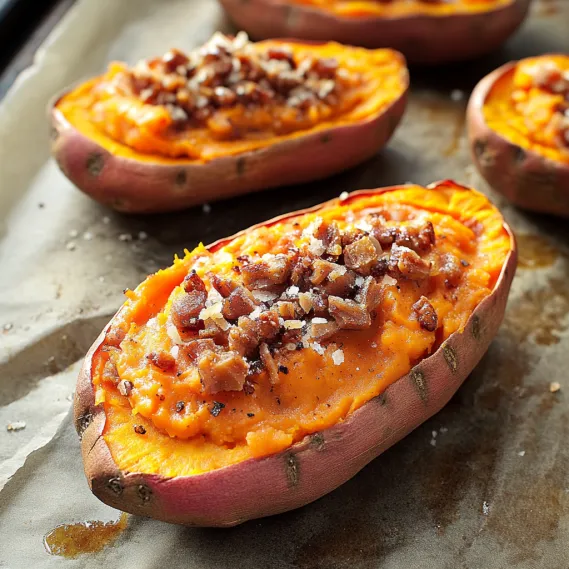 Sliced pumpkin with bacon on a baking sheet.