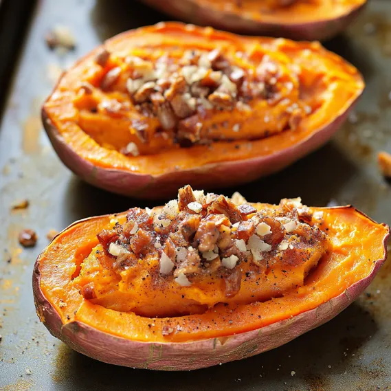 Three sliced pumpkins with nuts on top.