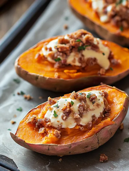 Sliced sweet potatoes with bacon and sour cream.