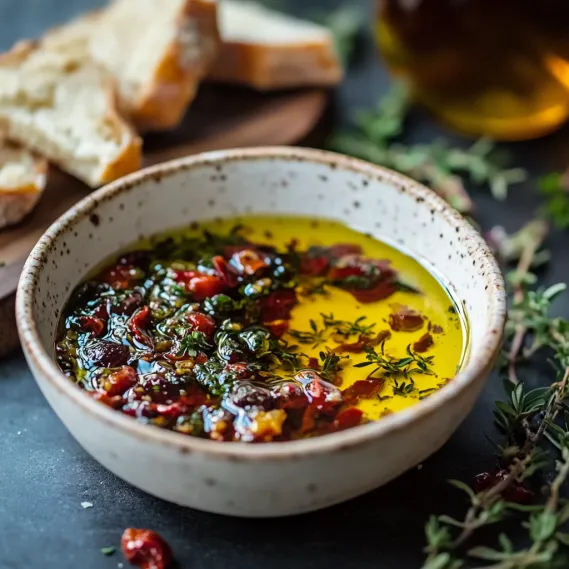 A bowl of sauce with a loaf of bread and a bottle of oil.