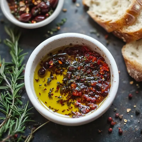 A bowl of red peppers and olives.