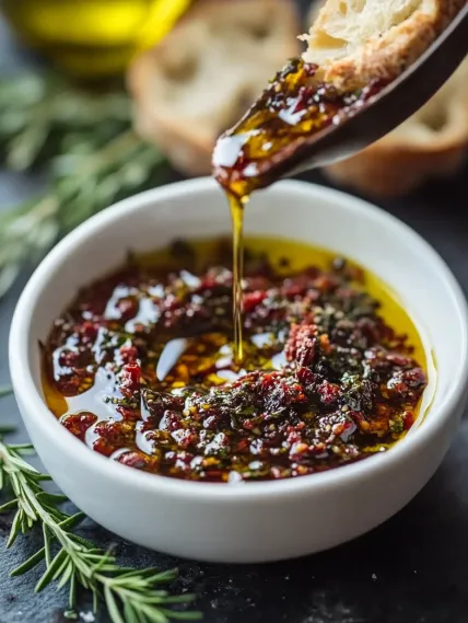 A spoon is in a bowl of sauce.