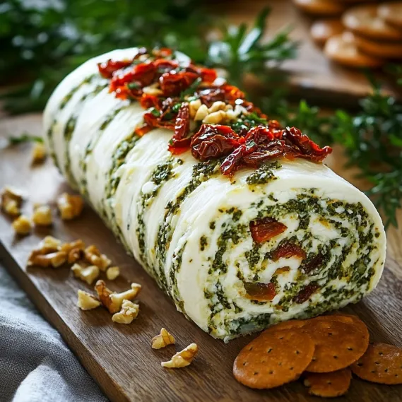 A cheese roll with red peppers on top.
