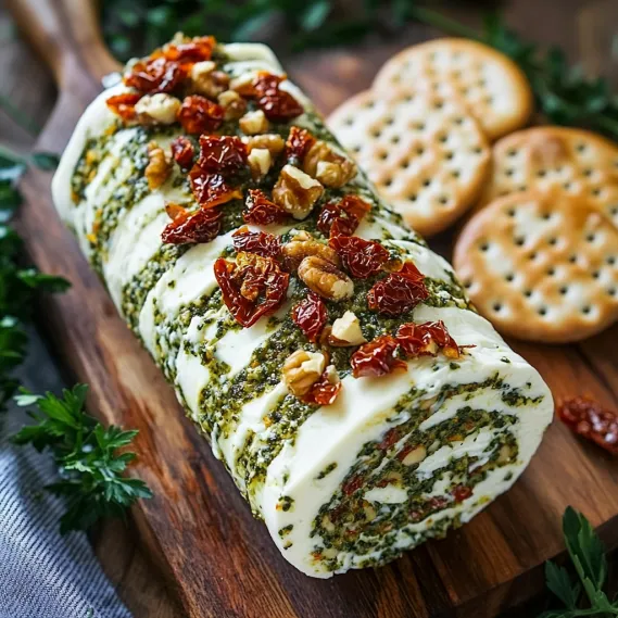 A cheese and nut roll on a wooden table.