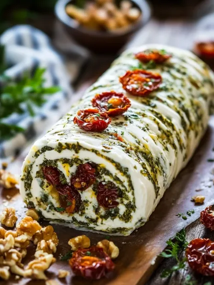 A large roll of food with tomatoes and cheese.