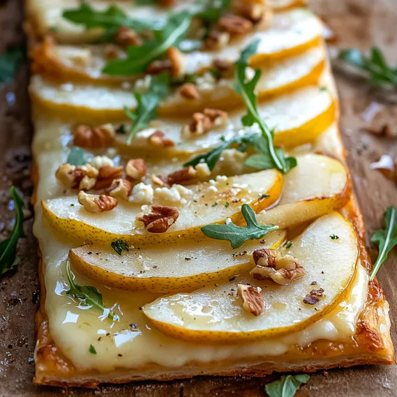A slice of pizza with apples and walnuts.