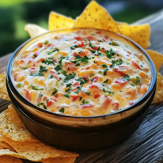 A bowl of dip with chips on a table.