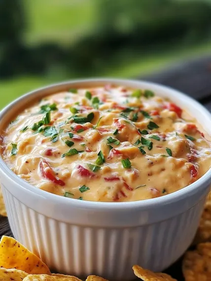 A bowl of dip with chips.