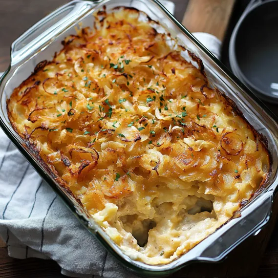 A casserole dish filled with food.