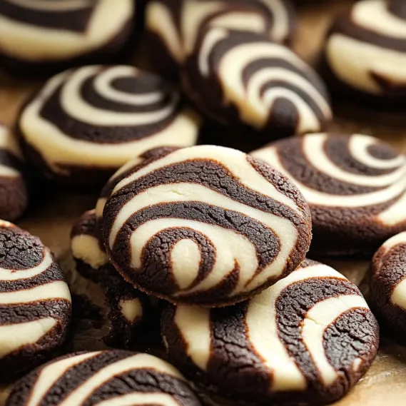 Chocolate and white cookies with swirls.