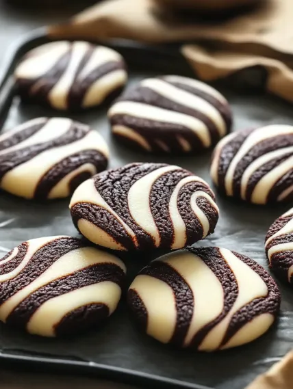 Chocolate and white cookies on a tray.