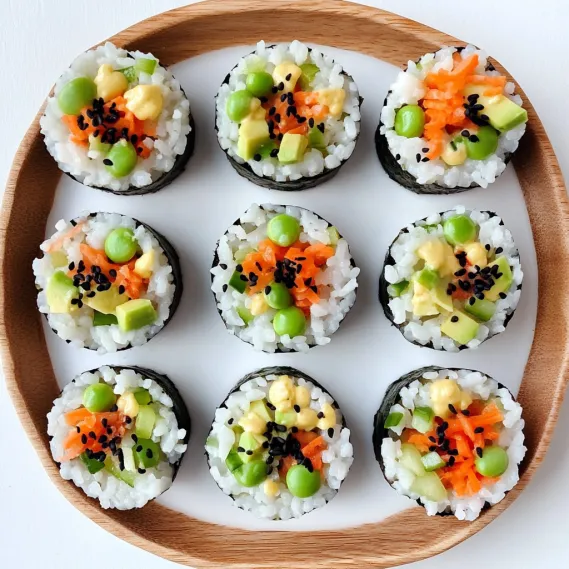 A plate of sushi with carrots and peas.