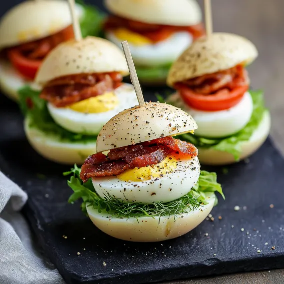 A plate of sandwiches with bacon and egg.