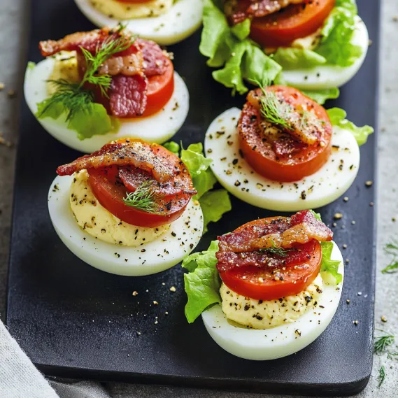 A plate of bacon and tomato stuffed eggs.