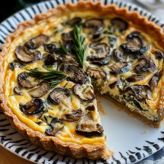 A slice of mushroom quiche on a plate.