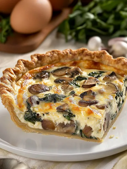 A slice of quiche with mushrooms and spinach.