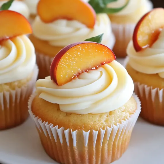 A cupcake with peaches on top.