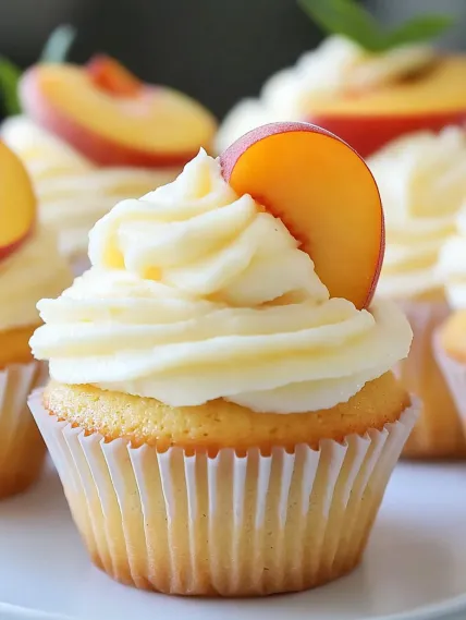 A cupcake with a peach slice on top.